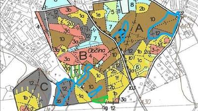 Modře jsou vyznačena kůrovcová ohniska s provedenou těžbou, zeleně ohnisko s plánovanou těžbou.